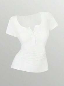 3 piezas Camisetas de manga corta casuales y versátiles de unicolor con pliegues para mujer - Multicolor 7 - Ver 4