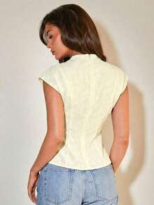 Blusa plisada con cuello para mujer, elegante para la oficina, artículo de moda versátil, adecuado para el trabajo, salidas casuales, fiestas, con estampado de cuadros marrones - Amarillo claro - Ver 2