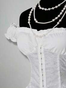 Vestido corto de gasa con volantes en el hombro, cintura fruncida y estampado jacquard para mujer, elegante para fiestas y uso casual - Blanco - Ver 4