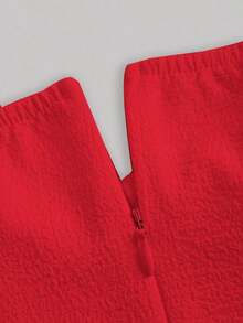 MOD Vestido de verano elegante de mujer de unicolor con mangas abullonadas y cintura ceñida - Rojo - Ver 3