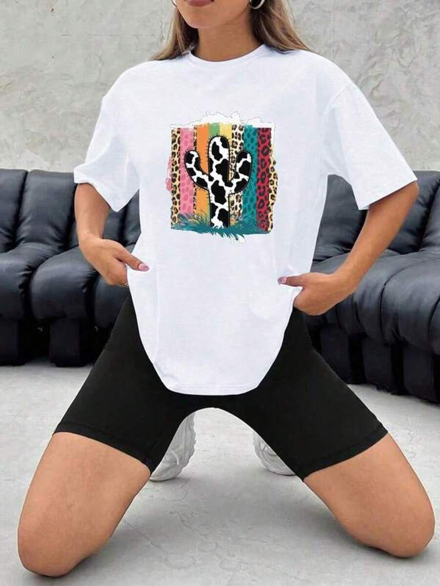 Camiseta deportiva de manga cortara mujer talla grande con estampado de cactus y estampado de vaca