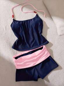 Conjunto de tankini de contraste de color para mujer/ropa de playa/casual/estilo Y2K/básico/vuelta al colegio vacaciones de verano - azul oscuro - Ver 9