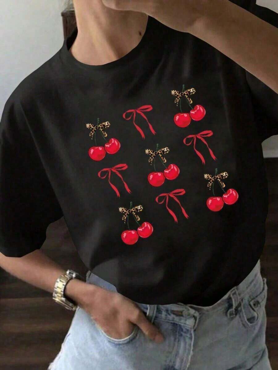 Mexican Basic YOKASA Women's Short Sleeve Crew Neck T-Shirt. Cherry And Butterfly Print. 1 Piece, 180g Pure Heavy, 95% Polyester 5% Spandex - Unisex Short Sleeve Crew Neck T-Shirt, Urban Vintage Style, Loose Cotton. New Release. - 黑色 - 查看 1