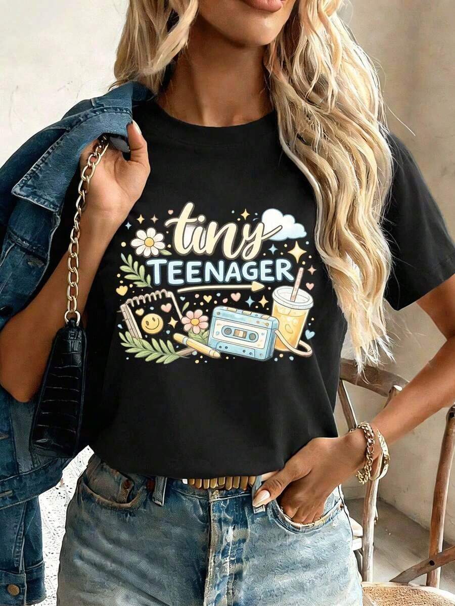 Camiseta vintage con estampado gráfico para adolescentes, oto?o, algodón premium, dise?o gráfico, estilo casual, transpirable, nueva llegada.Suitable for spring, summer and autumneurmuse - Negro - Ver 1
