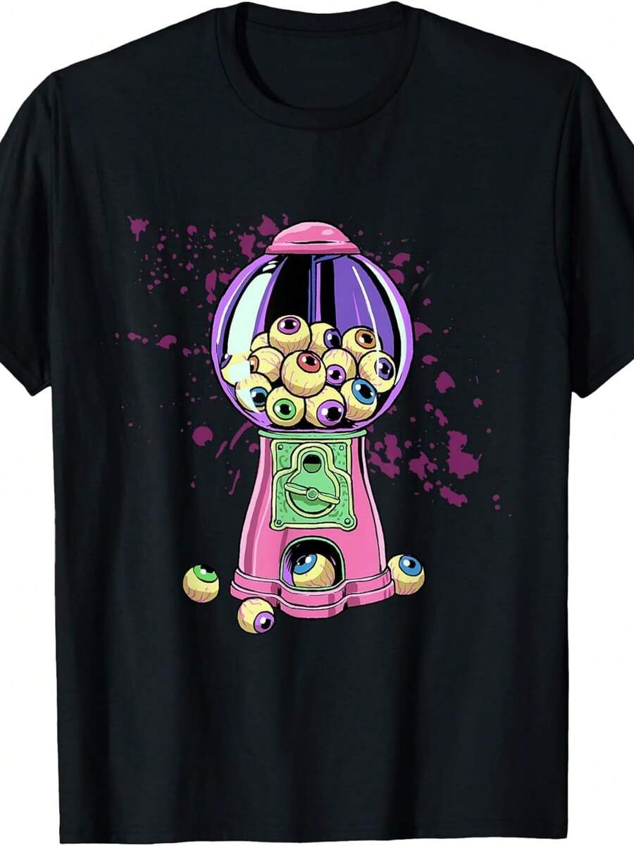 Camiseta con Temática de Dulces Fantásticos, Camiseta con Ojos de Máquina de Chicles de Dreamland |   Unisex, Verano 2026, manga corta, estampado, 220G puro, cuello redondo, ligeramente elástico, corte regular, estilo vintage, patrón gráfico. Camisa elegante adecuada para fiestas. - Negro - Ver 1