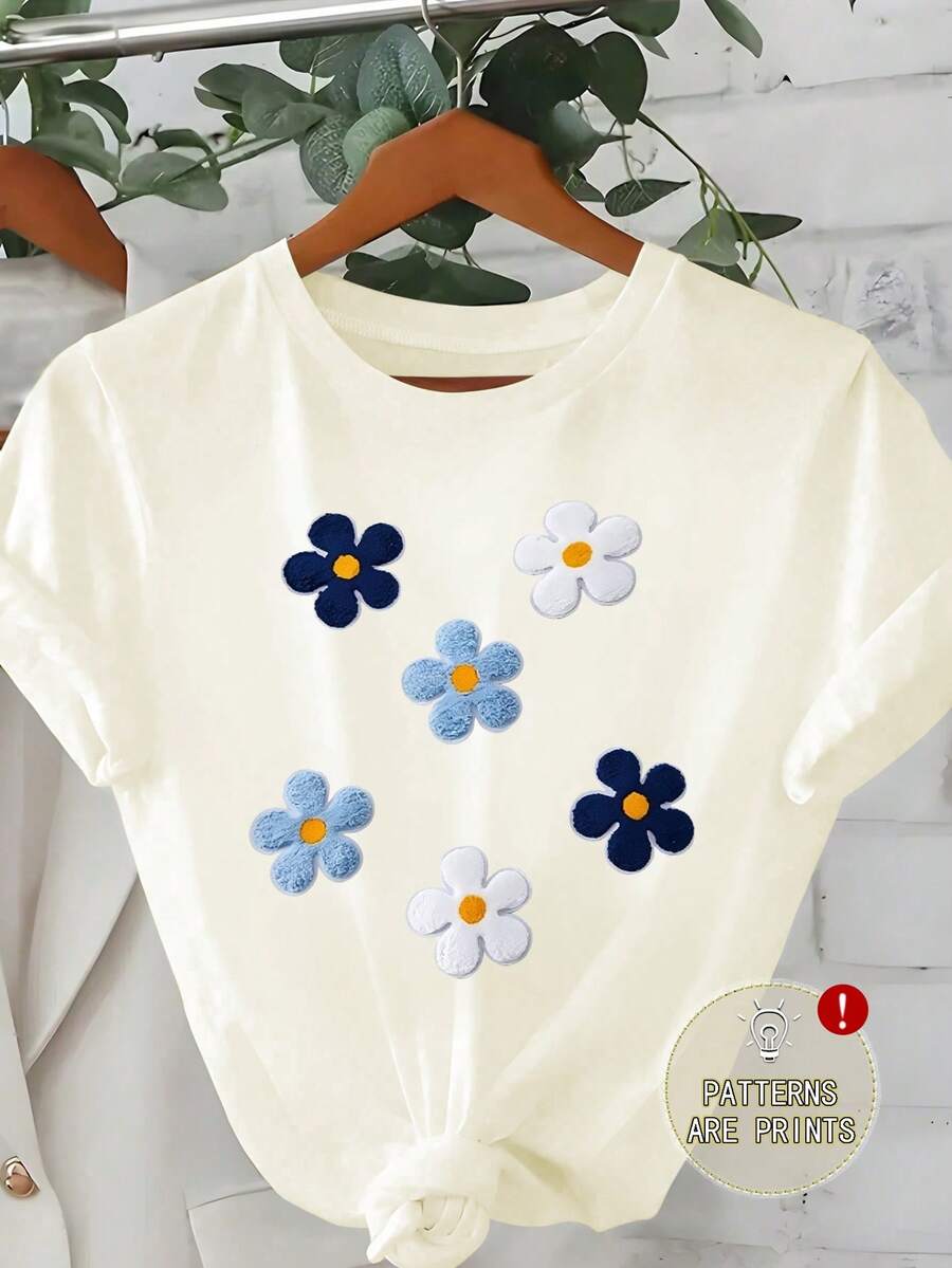 Cute White Plus Size Women's Short Sleeve Round Neck T-Shirt, Floral Print, High Elasticity Fabric, Fashionable Casual Wear Summer - Apricot - View 1