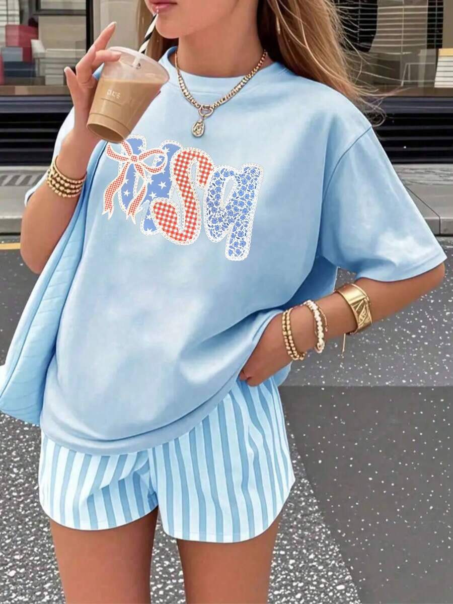 Camiseta oversize celeste de verano para mujer con estampado de langosta a cuadros Camiseta casual celeste de manga corta con langosta, estilo fresco y costero - YH496-Azul - Ver 1