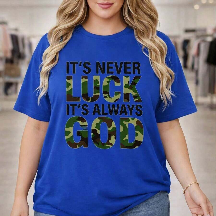 Women's Plus Size Cotton T-Shirt With Camouflage Print "It's Never Luck, It's Always God", Loose Fit, Short Sleeve, Sizes M-5XL, Casual Daily Wear, Soft And Breathable Fabric, Fashion Graphic T-Shirts For Women, Plus Size Clothing, 100% Cotton. - 藍色 - 查看 1