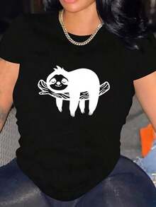 Edición Limitada KickHaus - Camiseta de Mujer con Estampado de Perezoso - Camiseta Casual de Verano de Manga Corta y Cuello Redondo con Estampado de Perezoso, Corte Relajado para Amantes de los Perezosos - Blusa Cómoda de Algodón Ligero - Negro - Ver 8