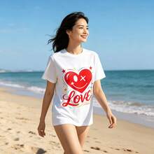 Tops para mujer juvenil de una pieza con estampado de corazones, estilo urbano, para mujer, con estampado de rostro, ropa casual de primavera/verano para exteriores. - Blanco - Ver 10