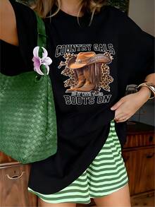 Western Country Gals Cowboy Boots Graphic T-Shirt, 100% Cotton Oversized Soft Breathable Cool Tee, Casual Crewneck Short Sleeve Top For Country Concerts & Rodeos - Black - View 1