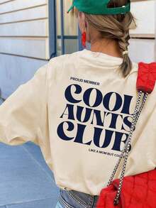 Women's Casual T-Shirt With "Cool Aunt Club" Slogan Print, Loose Fit, Short Sleeve, Ideal For Family Gatherings, Brunch With Friends And Everyday Summer Urban Style - 杏子 2 - 查看 5