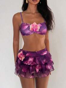Conjunto de traje de baño de 3 piezas con falda de volantes de múltiples capas con decoración floral romántica misteriosa de color púrpura, de última moda para primavera/verano 2026 para mujer - Multicolor - Ver 4