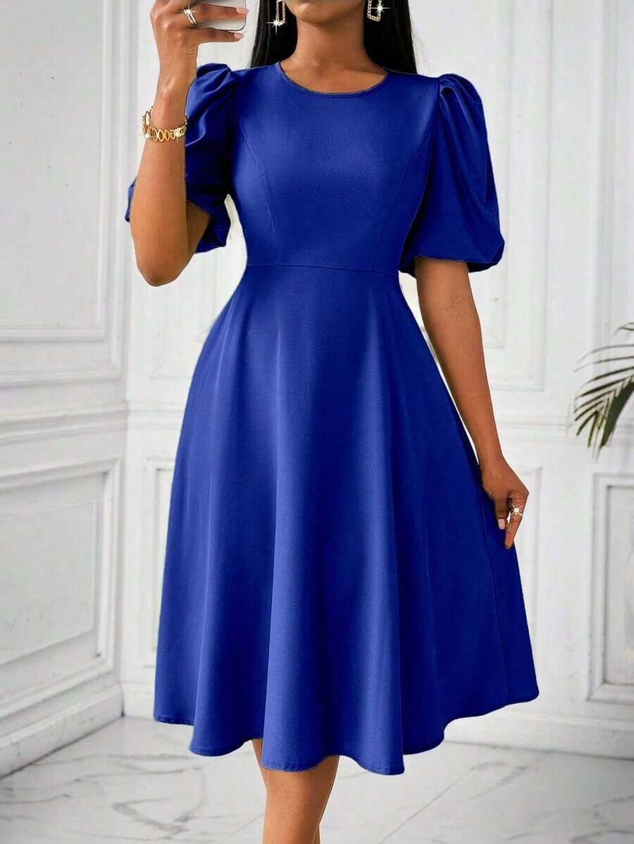 Vestido verde de manga abullonada larga, cuello en V, cintura recogida y bajo acampanado, para primavera y verano - azul real - Ver 1