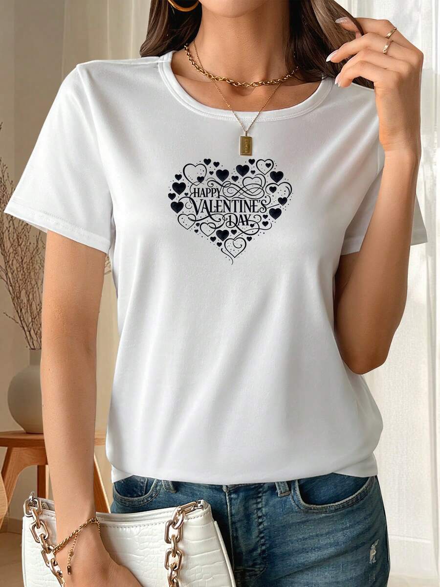 Camiseta clásica de manga corta con estampado de Feliz Día de San Valentín, longitud regular, ropa de verano para mujer, adecuada para el ocio en casa, la vida universitaria y la oficina. Éxito de . - Blanco - Ver 1