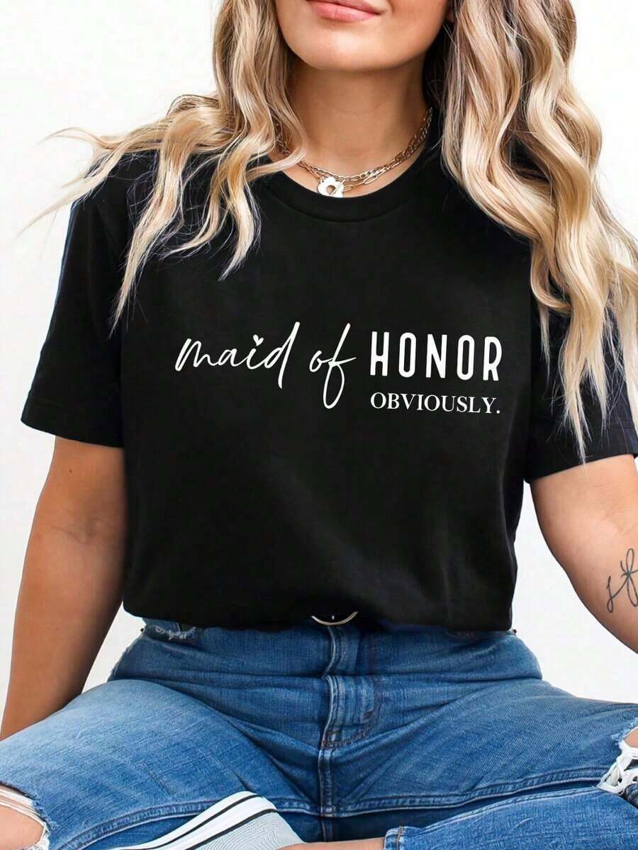 Camiseta de algodón negra para mujer con estampado de texto 'Maid Of Honor', manga corta casual, estilo de cabello rubio ondulado - Perfecta para eventos de fiesta nupcial, 100% algodón. - Negro - Ver 1