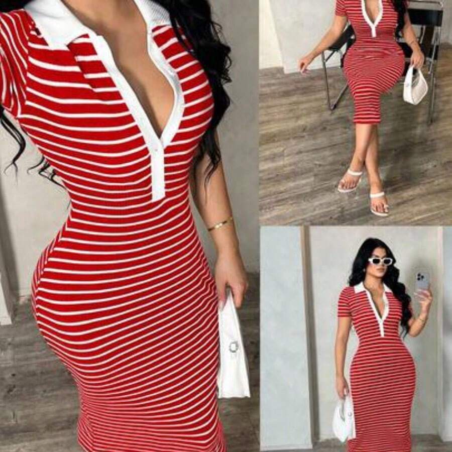 Women's Casual Minimalist Fashion Commuter Style Short Sleeve Black & White Striped Polo Dress, Knit High Stretch Fitted Mid-Length Dress, French Elegant Dress V Neck Striped Dress Striped Bodycon Dress Curve Casual Dress V Neck Dresses Women Bodycon Summer Dress - Rojo - Ver 1