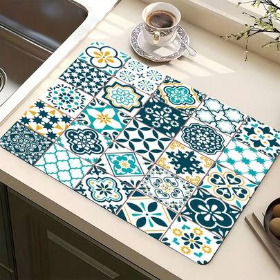 1pc Celadon Floral Pattern Multipurpose Drying Mat, Polyester Absorbent Countertop Protector Mat, Suitable For Kitchen, Dining Table Decor, Dish Drying, Washing Machine, Coffee Maker, Bathroom Vanity Cup Coaster, Kitchen Accessories, Party Supplies