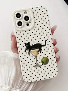 1 pieza Funda de teléfono con diseño de gato pintado con puntos y borde recto perforado, compatible con iPhone/Galaxy - Multicolor - Ver 1