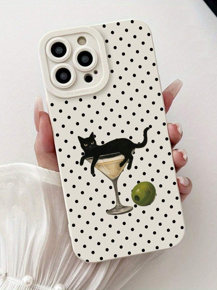 1 pieza Funda de teléfono con diseño de gato pintado con puntos y borde recto perforado, compatible con iPhone/Galaxy - Multicolor - Ver 1