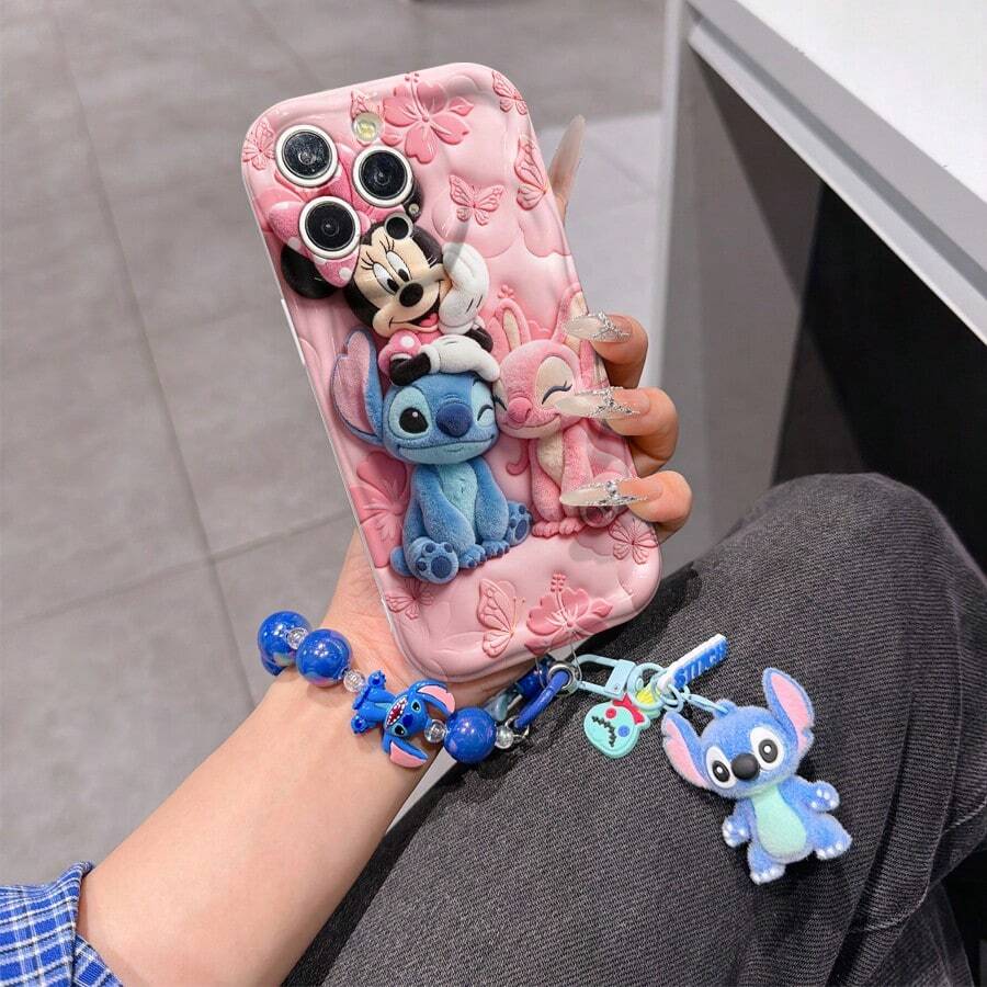Disney Lilo & Stitch Phone Case With Stitch, Angel And Minnie Charm And Stitch Lanyard - Cute Stitch, Angel And Minnie Protective Case With Pink Floral And Butterfly Background Design, Equipped With Delicate Stitch Decorative Lanyard And Beaded Bracelet For Easy Carrying, Compatible With IPhone 17, 16, 15, 14, 13, 12, 11 Pro Series, Ideal For Birthdays, Holidays, Anniversaries, Graduation Gifts, Or Any Special Occasion To Surprise Family, Friends, Classmates, And Loved Ones. - White - View 1
