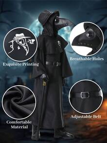 Kids Plague Doctor Halloween Party Cosplay Outfit Set With Mask,Hat,Robe,Cane - Black - View 4