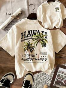 Women's Loose-Fitting Tropical Vacation T-Shirt, Lightweight And Comfortable, With Short Sleeves And A Round Neck, Printed With A "Hawaii 1968" Palm Tree Motif. Popular Island Street Fashion Style, Suitable For Hawaiian Parties, Beach Weddings, Cruises, And Casual Summer Vacations. - Nude - 查看 5