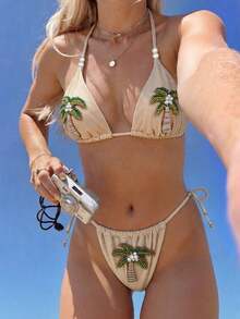 Bộ bikini hai mảnh màu mơ, kiểu dáng tam giác, cổ trễ, được trang trí bằng ngọc trai và thêu hình cây cọ, gợi cảm và thanh lịch, thích hợp cho nữ giới tham gia các hoạt động thư giãn mùa hè, đi biển, dự tiệc bể bơi. - Màu be - Xem 4