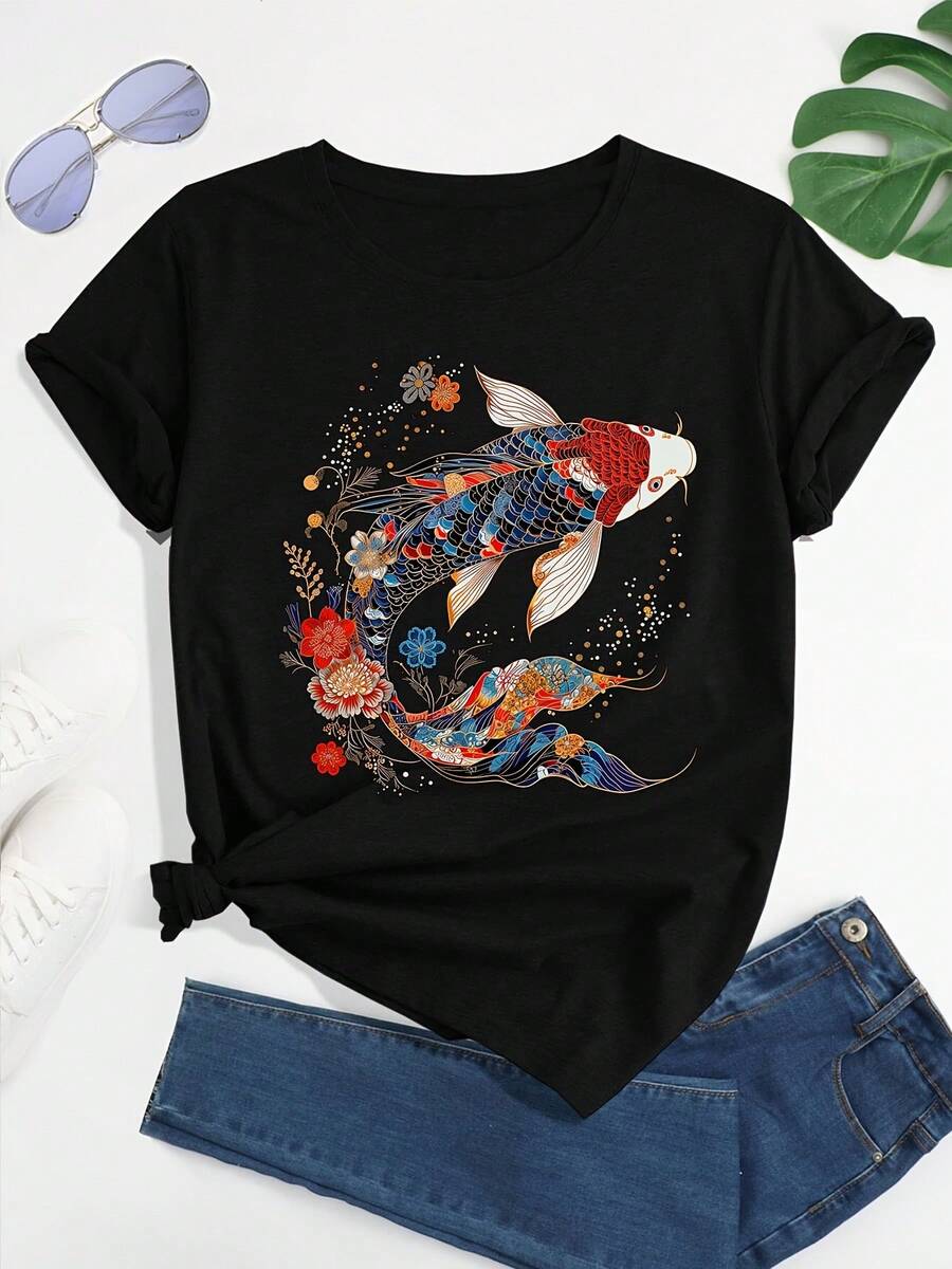 Camiseta de pez koi japonés para mujer - Top vintage de manga corta y cuello redondo con estampado de carpa koi y flores, ropa de blusa casual adecu para verano, primavera y uso durante todo el año, lavable a máquina, ropa de arte japonés