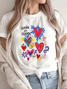 Women's Pure Cotton T-Shirt With Round Neck And Letter Print - Soft And Micro-Stretch Cotton Fabric, Regular Length, Casual Style For Spring And Autumn - Women's Letter Print Clothing For Casual Outfits - Women's Going Out Tops - 白色 - 查看 1