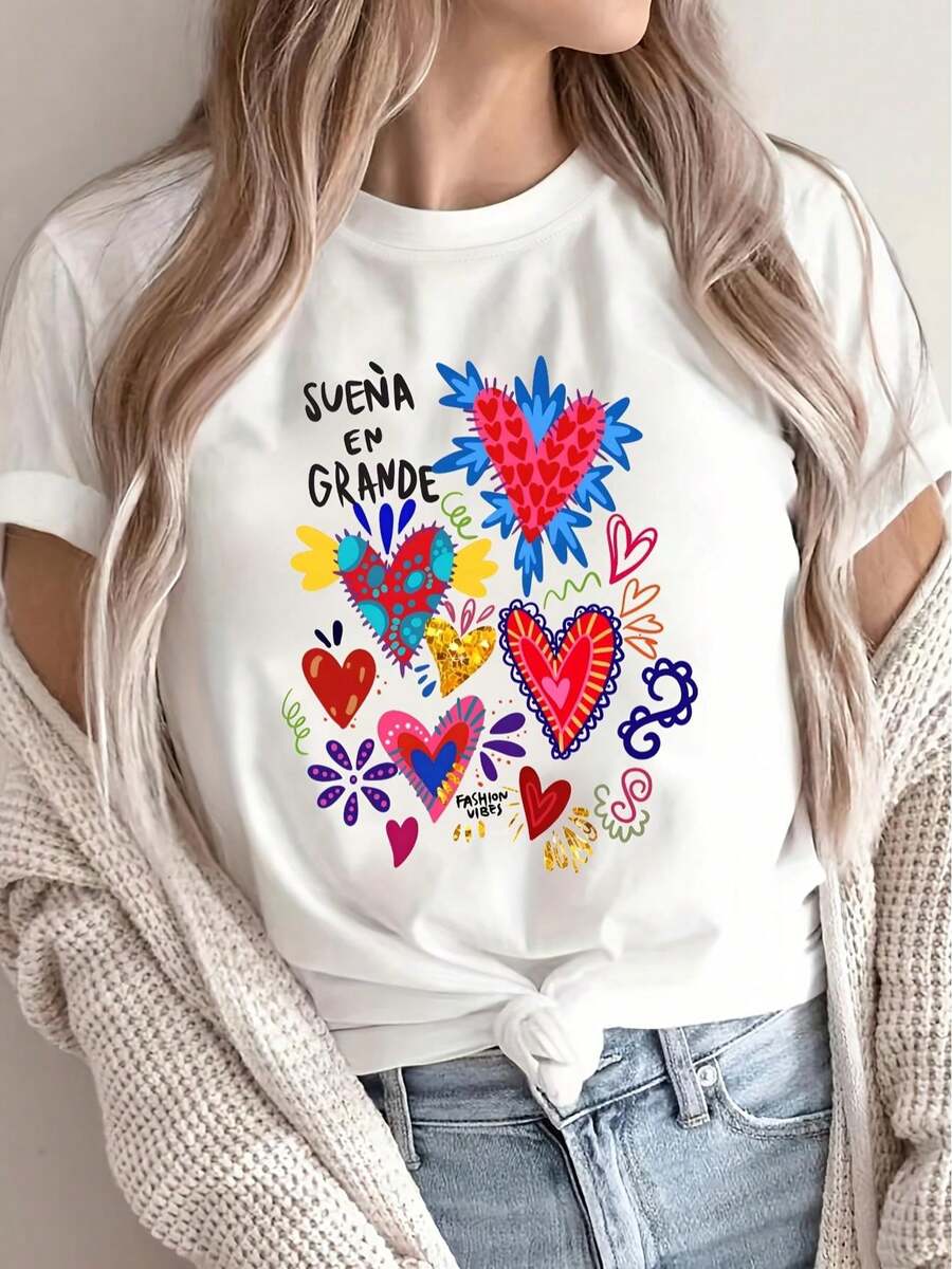 Women's Pure Cotton T-Shirt With Round Neck And Letter Print - Soft And Micro-Stretch Cotton Fabric, Regular Length, Casual Style For Spring And Autumn - Women's Letter Print Clothing For Casual Outfits - Women's Going Out Tops - 白色 - 查看 1
