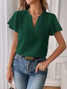 Camisa de mujer de unicolor con escote en V entallado y manga corta, informal y adecuada para el trabajo, blusas de manga corta - Verde Oscuro - Ver 4