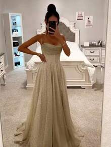 Vestido largo con tirantes y estampado dorado ideal para primavera y otoño - Champán - Ver 1
