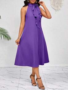 Lady Vestido de longitud media naranja con decoración de volantes florales tridimensionales en el cuello.Elegante y holgado para damas.Ideal para vacaciones de primavera y verano.Estilo bohemio. - Morado - Ver 4