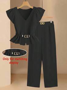 Conjunto informal de mujer con blusa de cuello en V plisada y pantalones de pierna ancha de unicolor - Negro - Ver 9