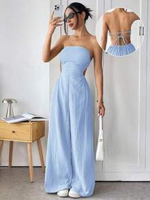 Mono de pierna ancha informal de mujer de talla grande, de algodón, con tirantes finos y espalda descubierta, para verano - Celeste - Ver 8