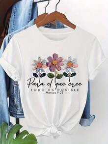 1 Pcs100% Pure Cotton Summer New StyleSpanish Inspirational Flower Print Women's Spring - Summer Short - Sleeve Crew - Neck Casual T - Shirt, Cultural Exchange, Daily Leisure, OutingMachine Washable. A Gift For Relatives, Brothers, Friends, Parents, Or Teachers.180g 100% Cotton - 白色 - 查看 7