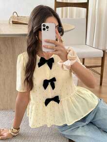 Camisa de mujer con cuello redondo, manga corta, decoración de lazo y bajo con volantes - Amarillo claro - Ver 3