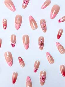 Bộ 24 miếng dán móng tay acrylic hình hạnh nhân 3D màu hồng pastel trong suốt, họa tiết hoa, chấm bi, sóng, hạt cườm, bao gồm 1 gel dán và 1 dũa móng, thích hợp cho mùa hè và kiểu móng Pháp, phù hợp cho các bạn gái và phụ nữ sử dụng hàng ngày, ngày lễ và các dịp tiệc tùng. - Nhiều màu - Xem 3