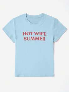 Hot Wife Summer Slogan Print T-Shirt, Summer Vacation Themed Short Sleeve Vacation Outfits Women Beach Outfits For Woman Women's Swimwear Beach Top - 淺藍色 - 查看 4
