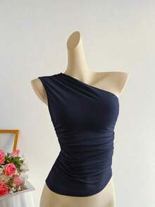 Blusa corta de un hombro con pliegues color albaricoque, minimalista, casual, elegante y versátil para uso diario de mujer, primavera/verano - Azul marino - Ver 9