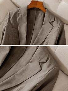 Blazer de lino de 3/4 de manga con cintura ajustable, diseño de botones, adecuado para ir al trabajo, eventos formales, fiestas elegantes, ropa de oficina - Primavera, Verano, Otoño - Marrón - Ver 4