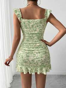 Vestido con estampado floral, volantes y bajo sexy para mujer - Verde - Ver 3