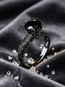 1pc Vintage Black Zirconia Ring, Niche Luxury Distressed Design Personalized Finger Ring For Women - JZ20316 - View 4