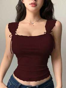 Camiseta ajustada sin mangas con adorno de encaje y atar para mujeres - Burdeos 2 - Ver 6