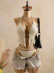 Bellisia Top de bikini de mujer de punto texturizado marrón con cuentas y piedras - Amarillo claro - Ver 1