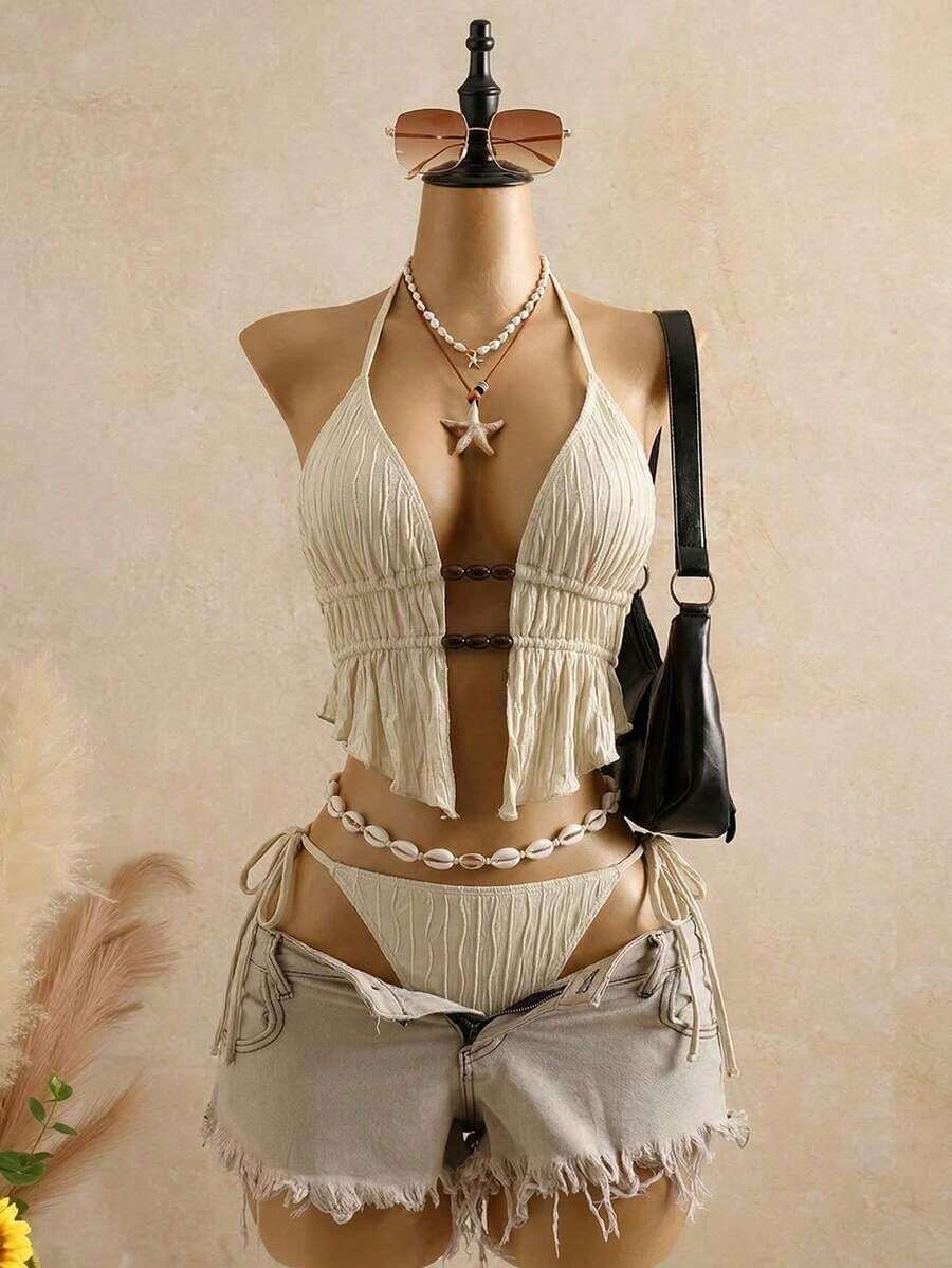 Bellisia Top de bikini de mujer de punto texturizado marrón con cuentas y piedras - Amarillo claro - Ver 1