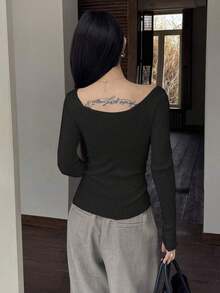 Blusa casual de mujer de punto acanalado con botones y manga corta - Negro - Ver 2