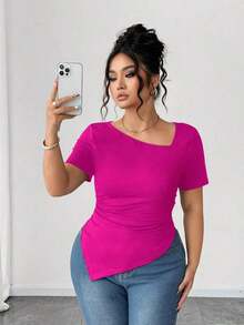 Camiseta de manga corta de cuello asimétrico para mujer talla grande, top ajustado versátil y elegante de alta gama, adecuado para primavera/verano - Rosa Fucsia - Ver 1