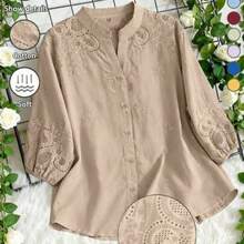 Blusa ligera y semitransparente con cuello en V y bordado sin estructura, para primavera/verano y vacaciones - Caqui - Ver 1